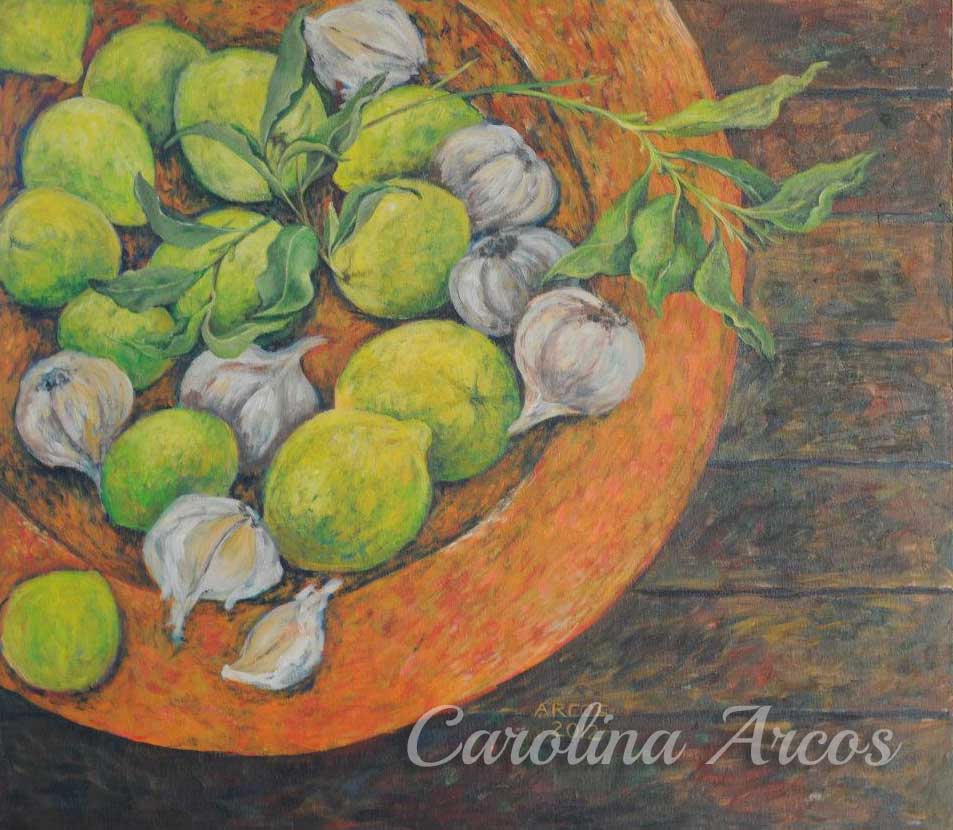 acrylic painting of Lemons and garlic