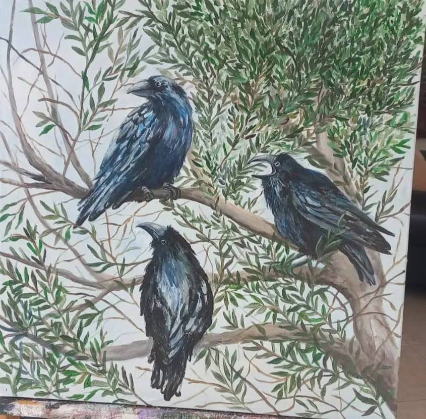 Ravens in the Olive Tree by Carolina Arcos, acrylic on canvas