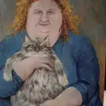 Woman Holding a Cat by Carolina Arcos, acrylic on canvas, 120 by 150 cm