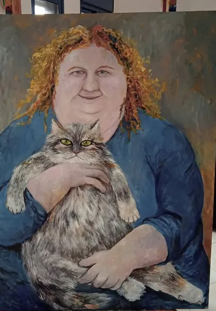 Woman Holding a Cat by Carolina Arcos, acrylic on canvas, 120 by 150 cm